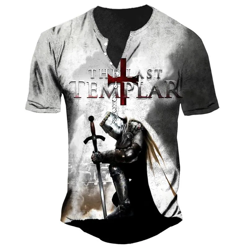 Męskie koszulki Letnia imitacja bawełniana v szyja guziki t do mężczyzn Rycerze Streetwear Templar 3D Drukuj luźne krótkie tulei