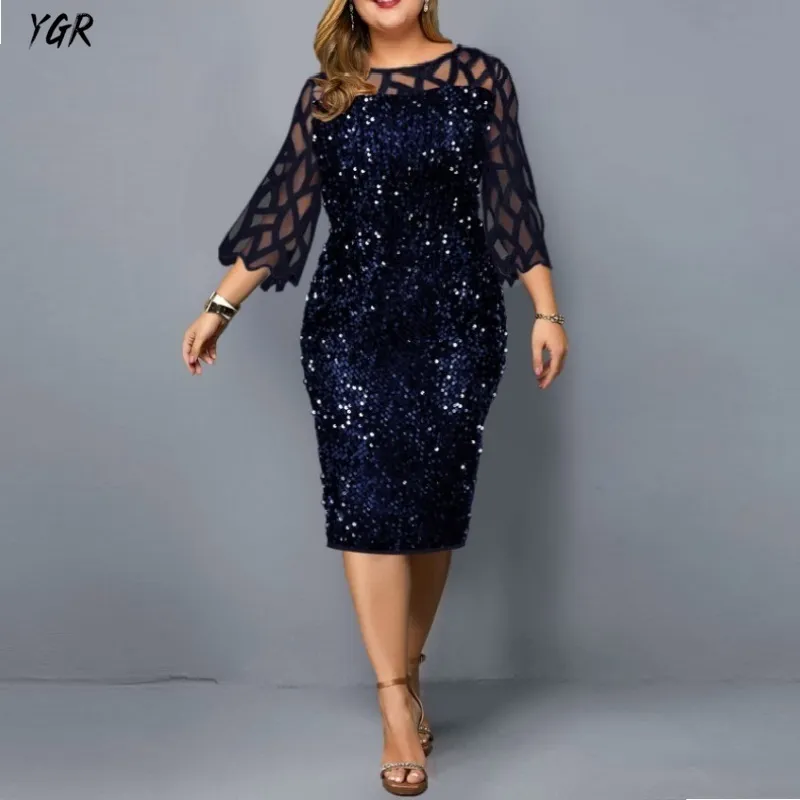 M 5xl Squin de grande taille Stitch noir manches couvertes Blue Femmes Blue Vestido Vestidos Elegantes Para Mujer Robe 220521