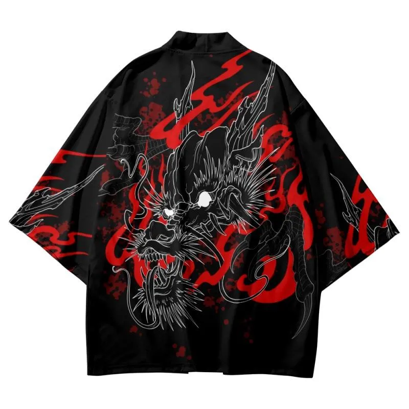 Abbigliamento etnico giapponese estate drago nero stampato Samurai uomo cardigan camicia camicetta Yukata Haori Obi Kimono e pantaloni setEtnico