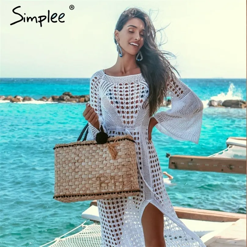 Sexy weißes Damen-Strandkleid, Sommer, aushöhlen, langärmelig, geteiltes Sommerkleid, elegante Mode, Urlaubsparty, Vestidos 220511