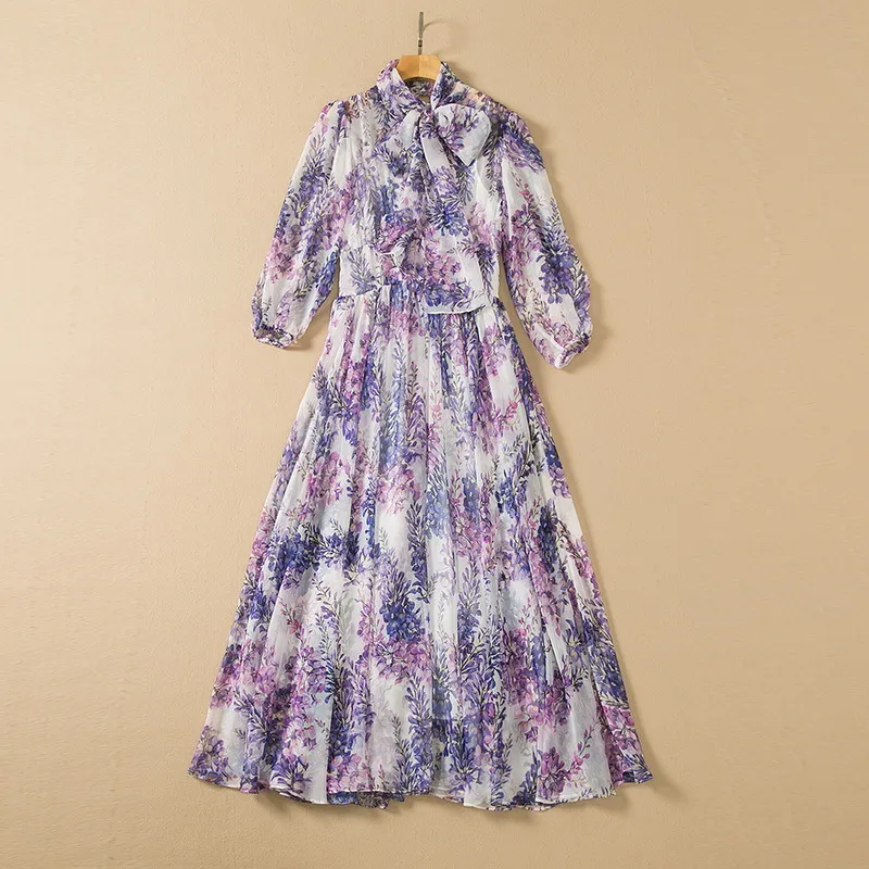 2022 Summer 3/4 Sleeve Round Neck Red / Green / Lavender Floral Paisley Print Chiffon Ribbon Tie Bow Panelled Mid-Calf Dress Elegant Casual Dresses 22Q032101