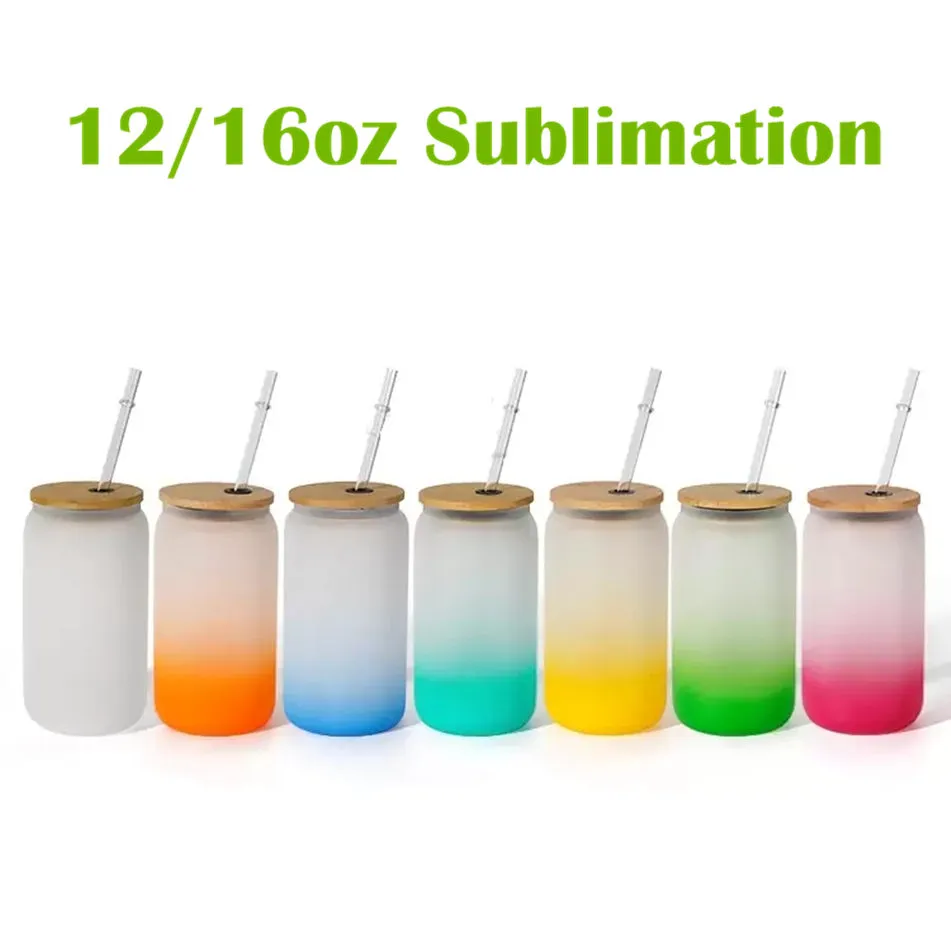 12/16 oz Sublimation verre dépoli bouteille d'eau gobelets verres à liqueur bocal soda boisson paille tasse avec couvercle en bambou gobelet en verre coloré 0420