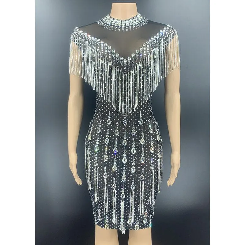 Stage Wear Sparkly Crystals Fringes See Through Short Dress Women Birthday Party Prom Event Rhinestones Chain Sleeveless WearStage