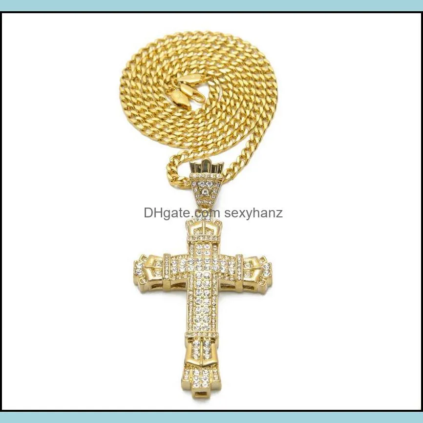 New Retro Chram Cross Pendant Necklaces with Diamond Women Men`s Hip Hop Necklace with Long Cuban Chain Silver and Gold colors