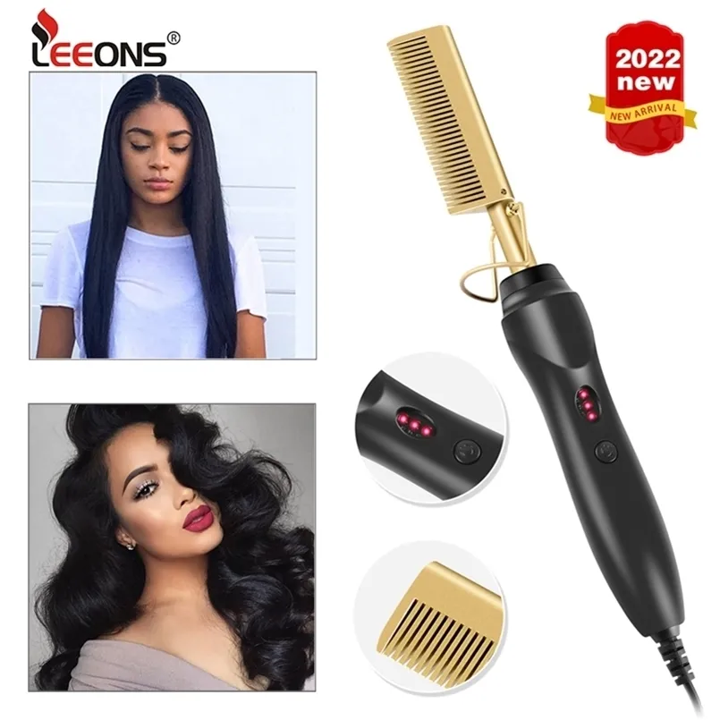 Leeons Comb Electric Wet And Dry Hair Curler Straightening Heating Iron Environmentally Gold 220623