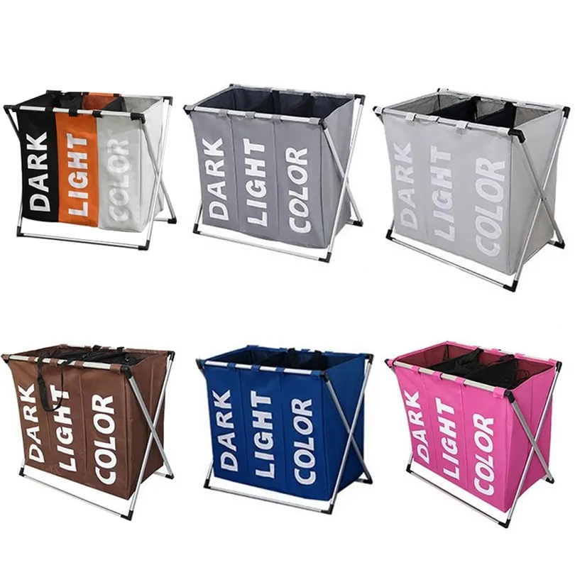 2019 Deluxe Dirty Clotes Laundry Basket Bamboo Detachable Three Grid Home Waterfoof Laundry Basket 3セクションT200224