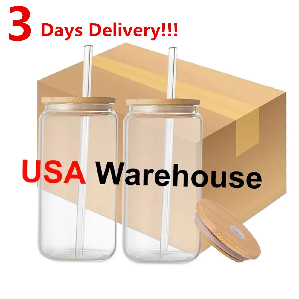 2 Days Delivery 12oz/16oz Sublimation Glass Beer Mugs with Bamboo Lid Straw DIY Frosted Clear Drinking Utensil Coffee Wine Milk Beer Juice Cold Cups US Stock