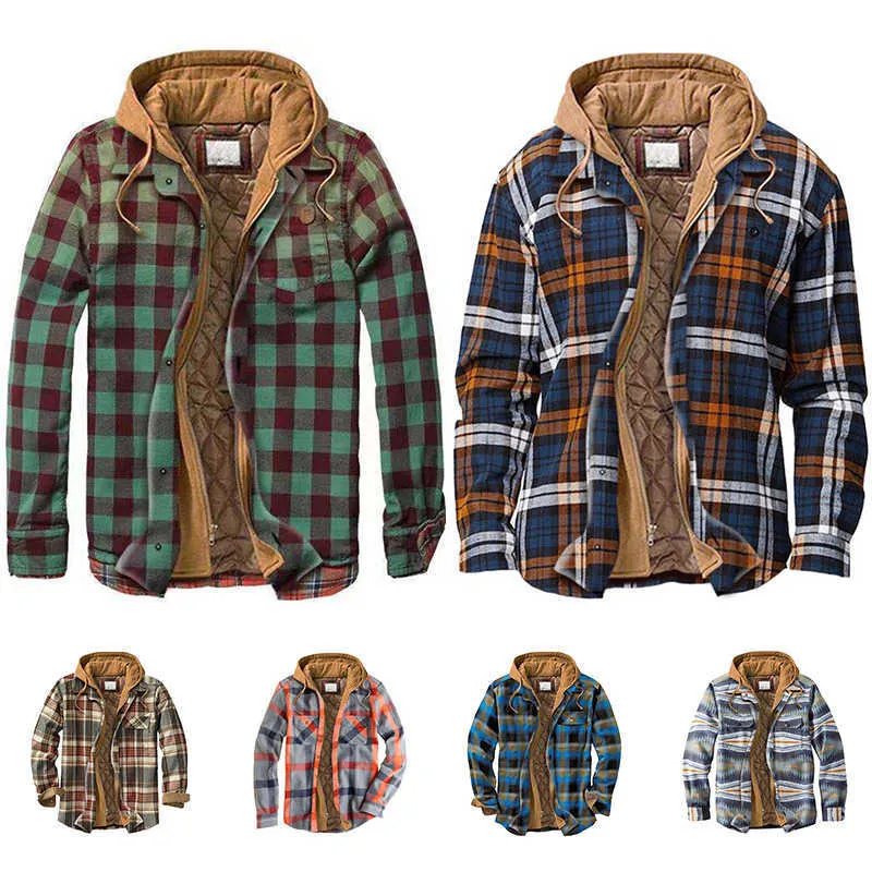 Men's Jackets Cotton Flannel Shirt Jacket with Hood Mens Long Sleeve Quilted Lined Plaid Coat Button Down Thick Hoodie Outwear Y2302