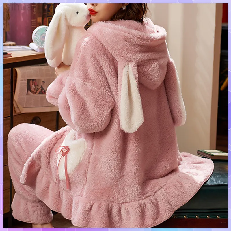 Women's Pyjama Hooded Cartoon Thicker Nightgown Plush Coral Fleece Nightwear Plus Size Autumn And Winter Home Clothing Pijama L220803