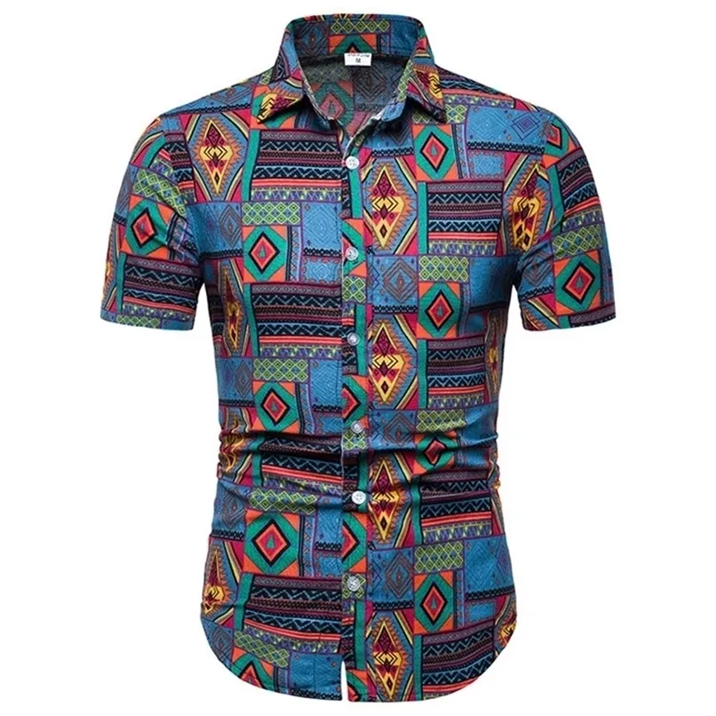 Mens Cotton Linen Dress Shirt Fashion Vintage African Ethnic Print Men Slim Fit Short Sleeve Hawaiian s Camisas 220322