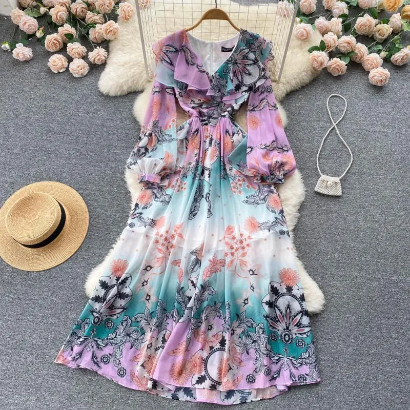 Casual Dresses Waist Closing French First Love V-neck Bubble Sleeve Ruffle Floral Print HolidayCasual