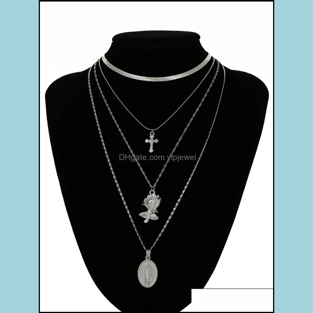 trendy multilayer cross rose pendant necklaces clavicle chain women vintage necklace choker jewelry accessories 2 color g379s a