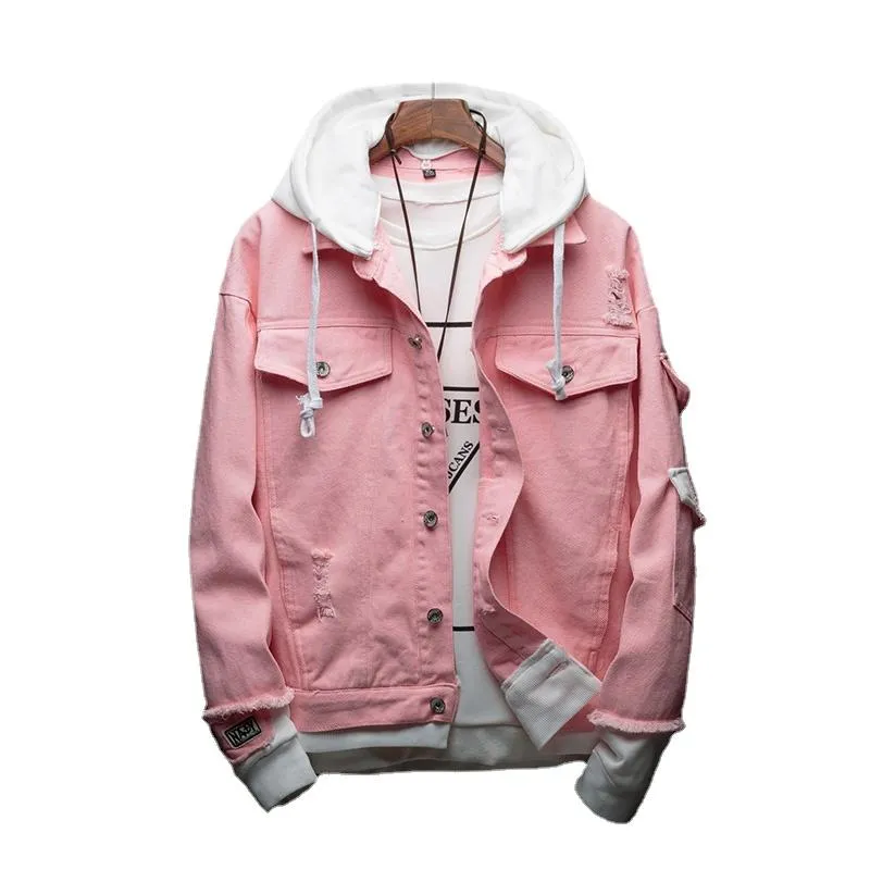 Men's Jackets Men Autumn Hooded Denim Pink Jean Coats Good Quality Cotton Holes Fashion Size 3XL