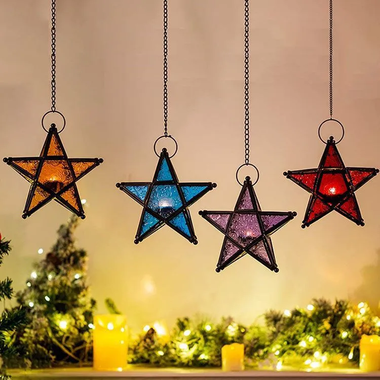 Moroccan Stained Glass Star Lantern Candle Holder Hanging Metal Tealight Lantern for Home Patio Garden Wedding Decoration 2024