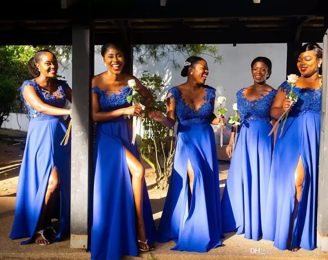 African Summer Royal Blue Szyfonowe koronkowe sukienki druhna Druhna Line Cap Sleeve Długie Maid of Honor Suknie plus size na zamówienie B200U