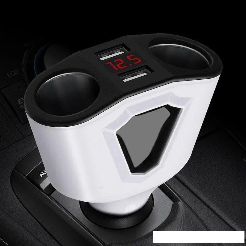 Car Charger with 2 Cigarette Lighter Sockets Power Support Display Current Volmeter for Phone Tablet GPS DV
