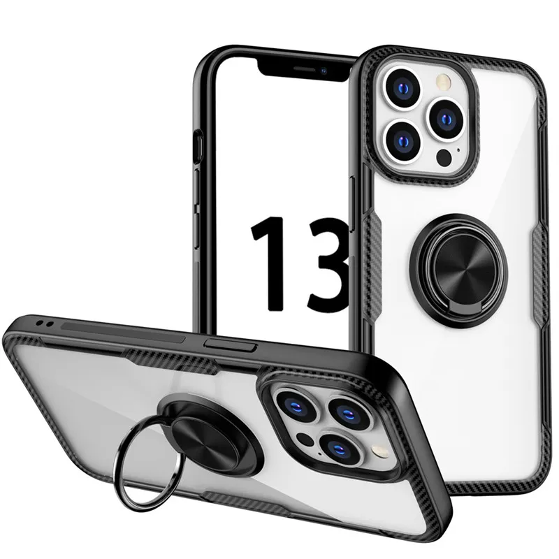 İPhone 14 için karbon fiber manyetik telefon kasaları, metal halka kickstand ile maksimum açık akrilik koruma kapağı