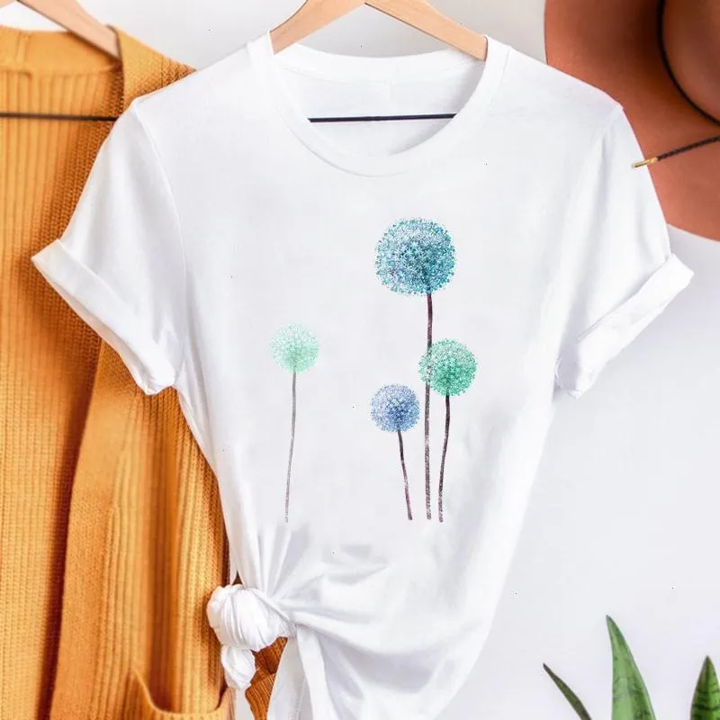 Pissenlit plante à manches courtes été T-shirt mode femmes haut graphique élégant imprimé T-shirts dessin animé femme T-shirt