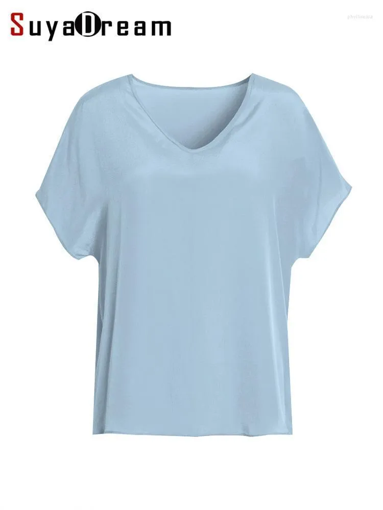 Women's T-Shirt SuyaDream Women T Shirt 100%REAL SILK Solid V Neck Short Bat Sleeved Cozy Tees 2022 Spring Summer Simple Top BlueWomen's Phy