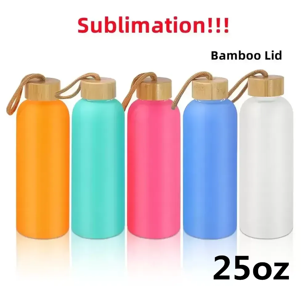 Fast Delivery 750ml Sublimation Frosted Water Bottle Frosted Glass Mug Matte Glass Juice Bottle with bamboo lid Blank Sublimation Tumbler Travel Tumblers