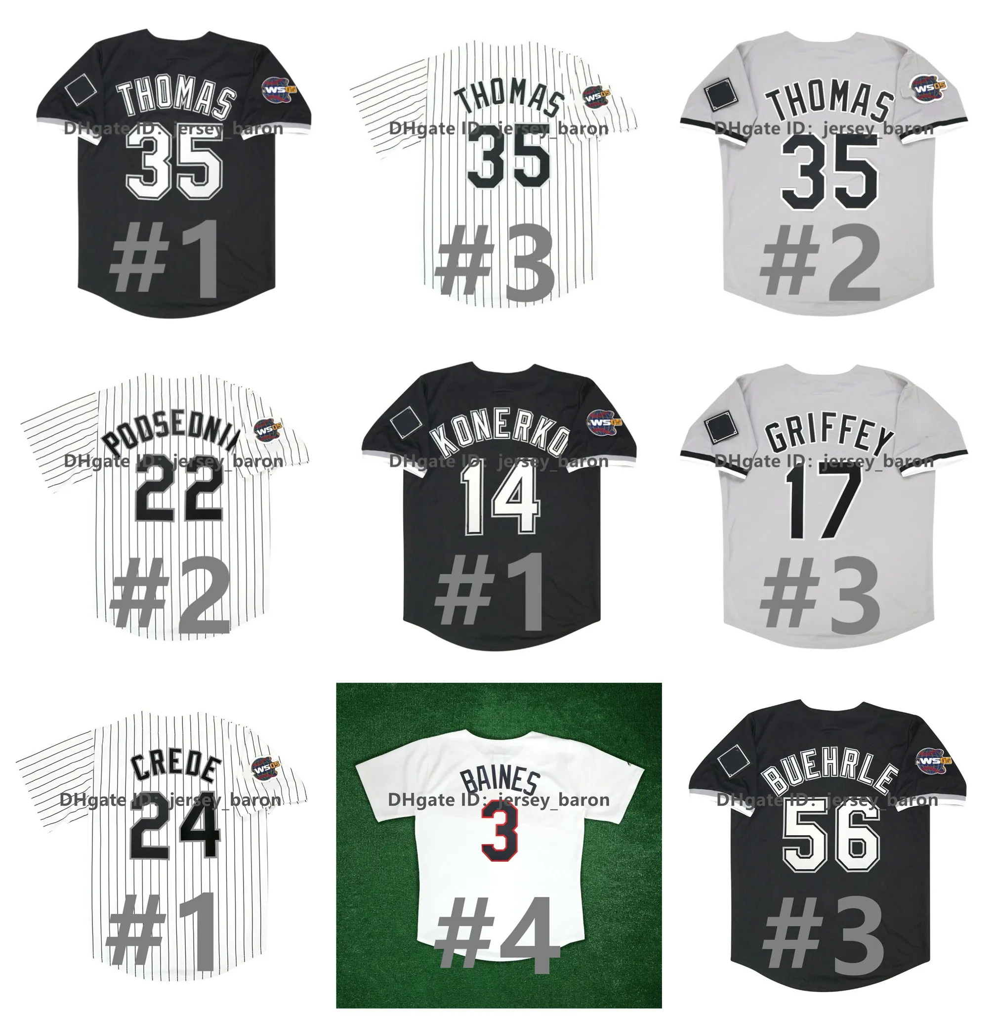 Maglia da baseball Frank Thomas White Sox Chicago Ken Griffey Jr. Paul Konerko Bo Jackson Scott Podsednik Joe Crede Juan Uribe Jermaine Dye Nero Bianco Grigio Taglia S-4XL