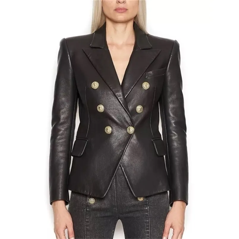 HIGH STREET est Baroque Fashion Designer Blazer Jacket Women's Lion Metal Buttons Faux Leather Blazer Outer Coat 220402
