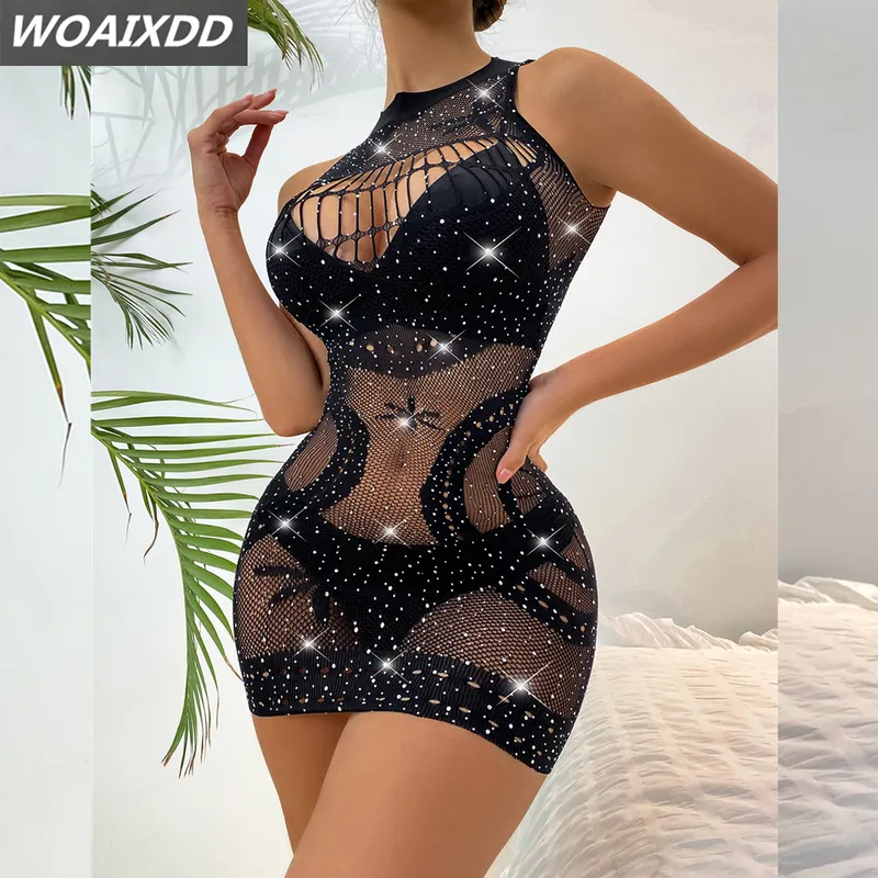 Diamanten visnet ondergoed elasticiteit nylon sexy lingerie jurk vrouwen kostuums exotische super elastische volwassen kleding 220521