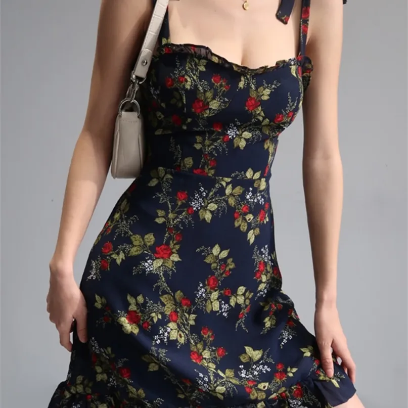 WOMEGAGA SUMMER French Black Printing Sleeveless Sling A-Line Dress Slash Neck Fungus Edge High midja Slim Women HWH7 220520