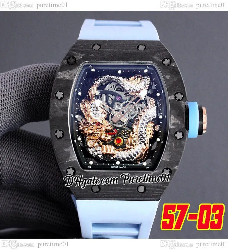 2022 Fibre de carbone TPT MIYOTA Automatique Tourbillon Mens Watch 3D Sapphire Dragon Squelette Dial Blue Rubber Strap Super Edition Jack Chen Puretime01 E280-5703-A1