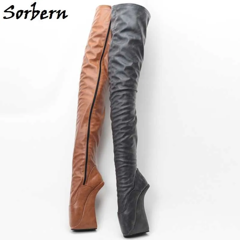 Sorbern Retro-Oberschenkelstiefel mit Schritt für Damen, Ballett-Huf, ohne Absatz, langer Schaft, individuelle breite Passform, schmale Passform, Damenstiefel, Sissy Boy