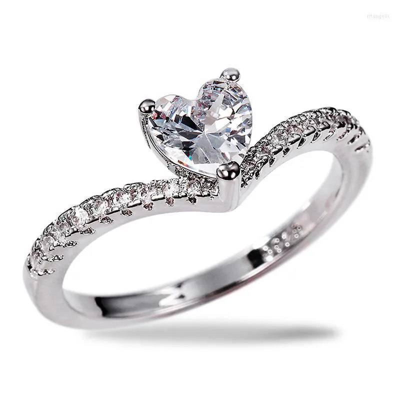 Anneaux de mariage Huitan à la mode coeur femmes couleur argent CZ Simple proposition de mariage nuptiale beau cadeau d'anniversaire Rita22