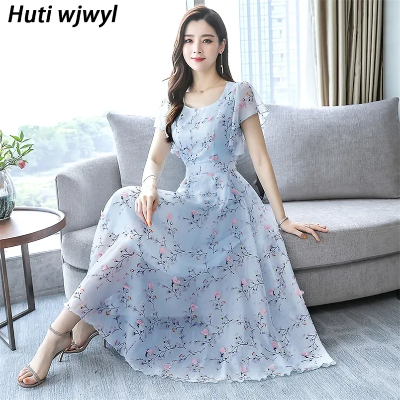 Plus Size Print Beach Maxi Sundress Floral Chiffon Boho Midi Dress Summer Vintage Elegant Women Bodycon Pink Party Vestidos 220514