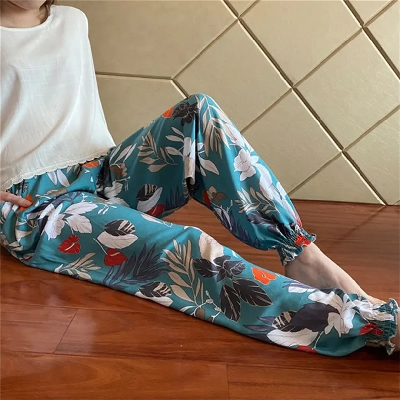 Women Cotton Silk Casual Trousers Summer Loose Pajamas Home Pants Thin Wide Leg Pants Fashion Oversize 4XL Sweatpants Female 220812