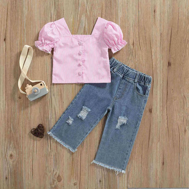 Citgeett Summer Kids Girls Pants Set Short Puff Puck Sleeve Striped Crop T-Shirt Ripped Denim Pants Outfits Suit Clothing Set J220711