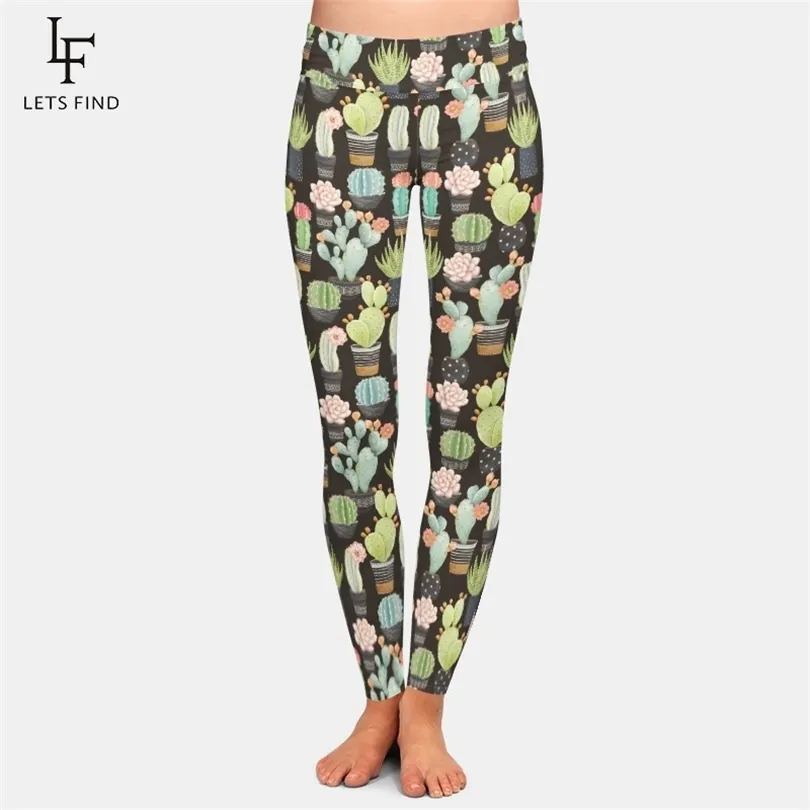 Alta elasticidade Mulheres Leggings 3D Cactus leite impresso de seda de seda High Size Size Casual Black Leggings 201014