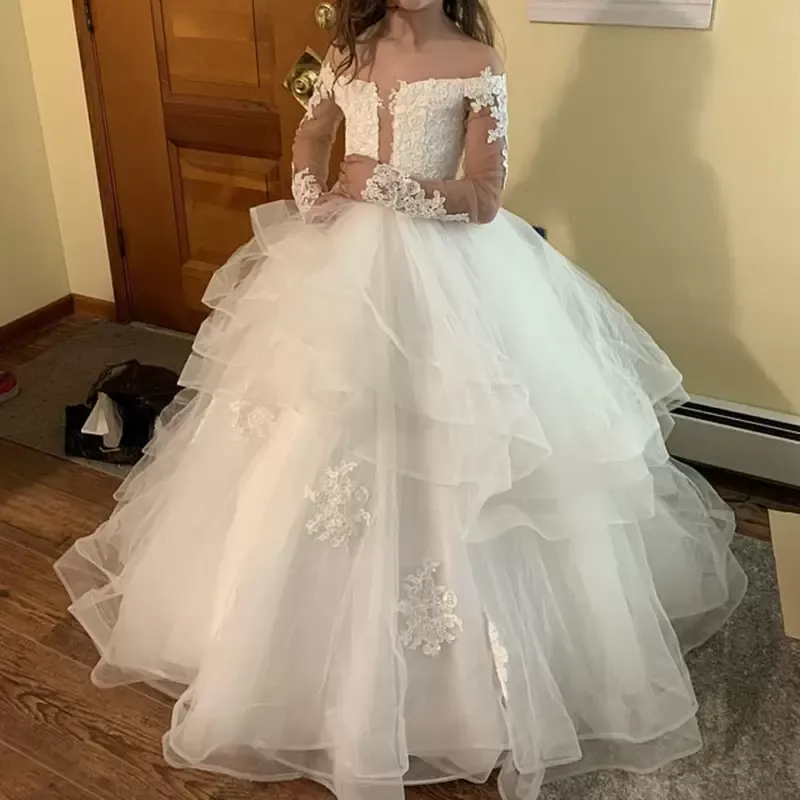 Lindos vestidos de niñas de la princesa de princesas Boda fuera del hombro Mangas largas Beads de encaje Tul Hopfy Ruffles Fiesta Fiesta para vestidos de fábrica de cumpleaños 403