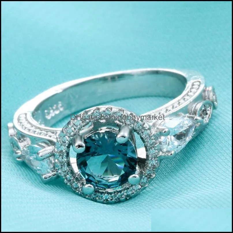 Wedding Rings Silver Plated Vintage Sky Blue Cz Zircon Jewelry Engagement Gift Luxury Promise For Women