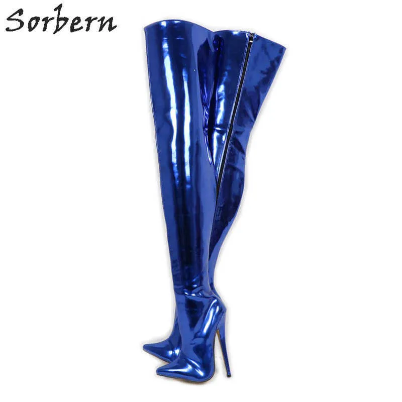 Sorbern Sexy Crotch Lår High Boot 18cm Spike High Heel Stilettos Metallic Royal Blue Hard Shaft Custom Wide Calf Fit Boots