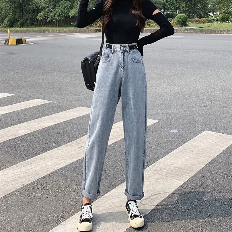 GUUZYUVIZ Blue Mom Jeans Vintage High Waist Denim Harem Pants Ladies Jeans Trousers Korean Elastic Waist Plus Size Loose Casual 210302