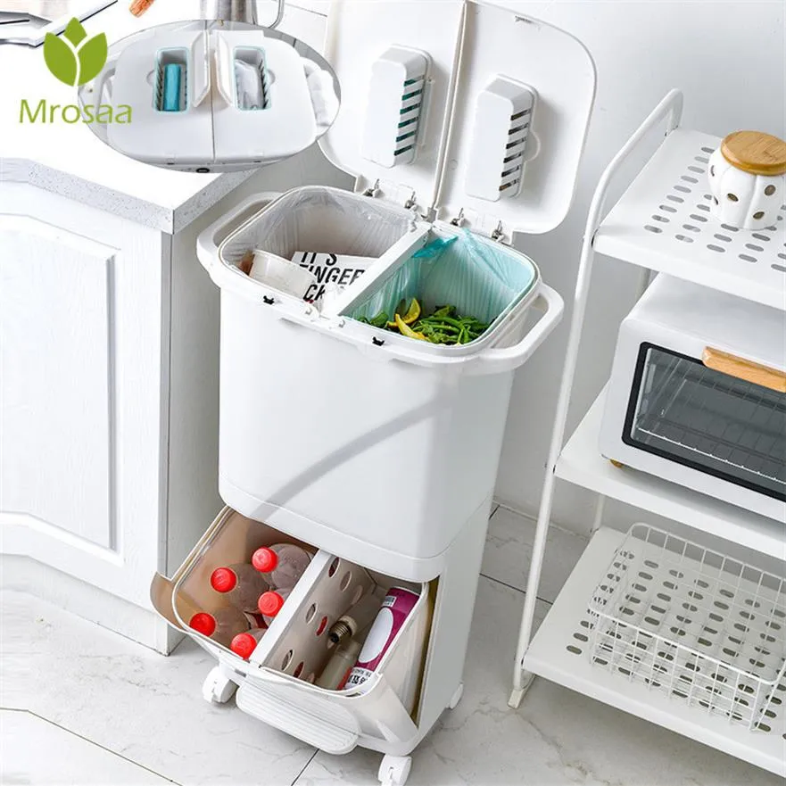 Kitchen Press Trash Can Sorting Trash Bin Household Dry And Wet Separation Waste Bin Pedal Classification Rubbish Bin with wheel Y245S
