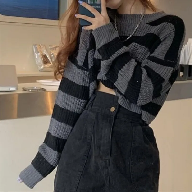 Deeptown Korean Style Striped Cropped Sweater Women Vintage Oversize Knit Jumper Female Autumn Long Sleeve Oneck Pullovers Tops 220817