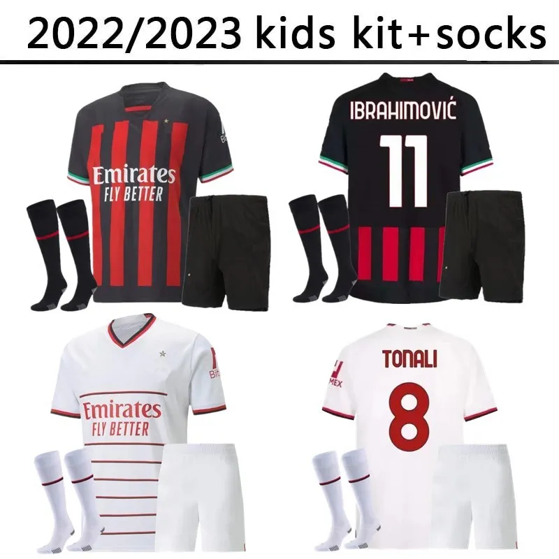 Jerseys de futebol 22 23 Ibrahimovic Kids Kit Socks Giroud Paqueta Romagnoli Brahim Theo Milan Futebol camisa Hernandez Maillot