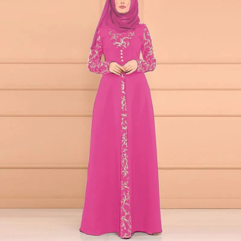 Sukienki na co dzień kobiety sukienka muzułmańska pełna okładka modlitwa Kaftan arabski Jilbab Abaya islamska koronkowa szyta Dresshijab Vestido Robe Musulman R5Casua