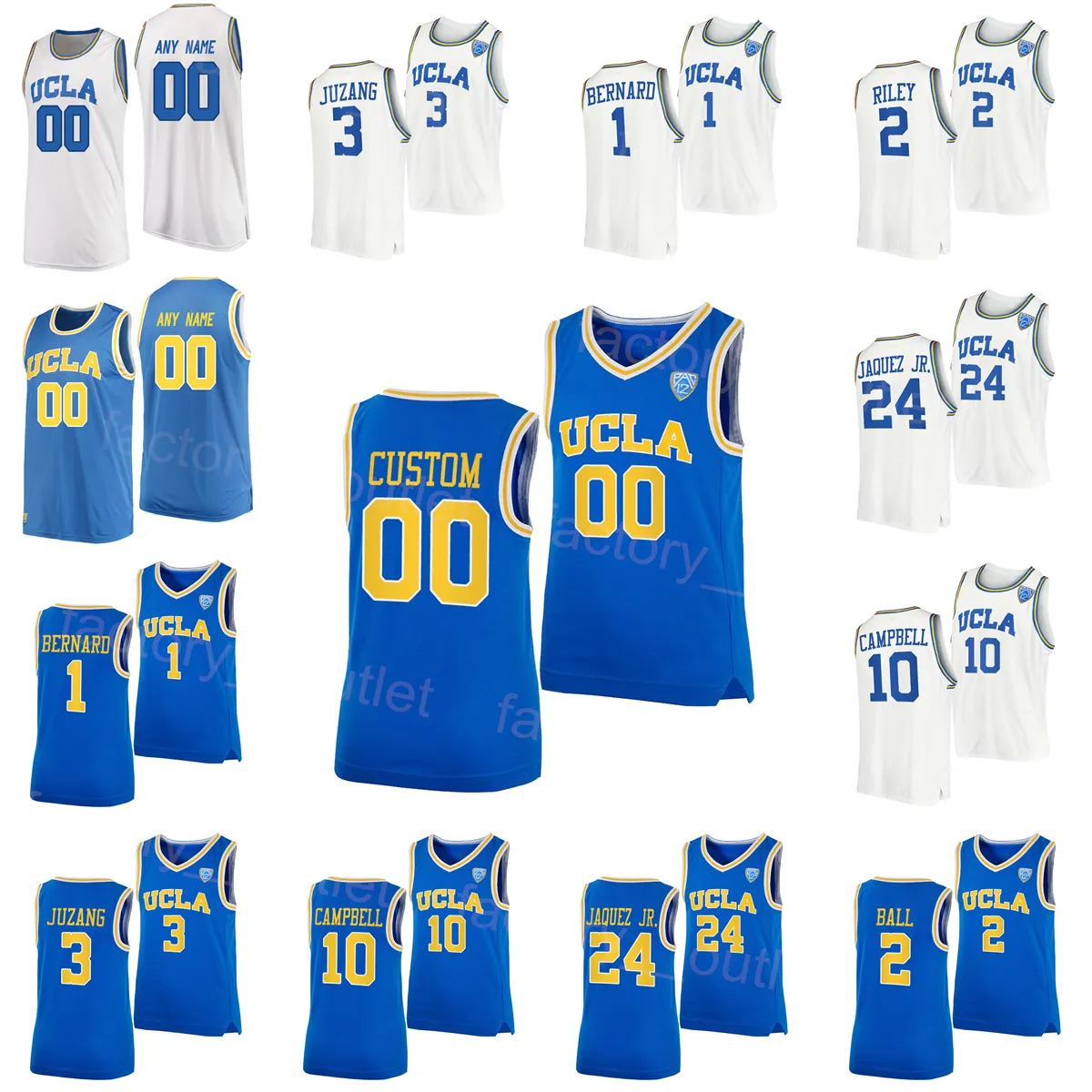 NCAA Basketball UCLA Bruins College 3 Johnny Juzang Jersey University 24 Jaime Jaquez Jr 1 Jules Bernard 10 Tyger Campbell 2 Cody Riley 5 Chris Smith Color Blue Branco Branco Azul Branco