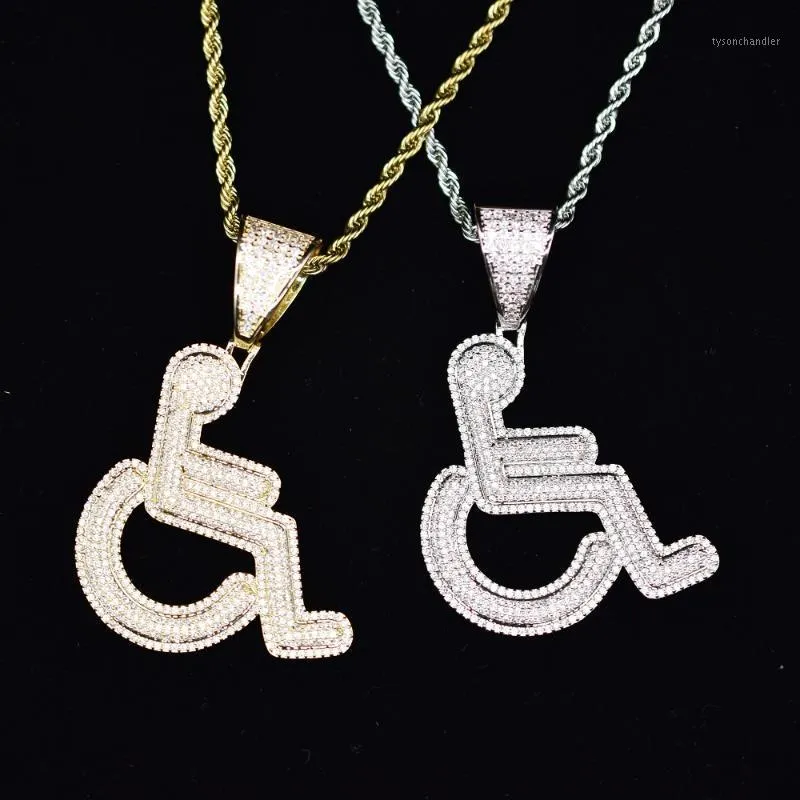 Anhänger Halsketten Iced Out Behinderte Rollstuhl Logo Halskette Gold Silber Farbe Bling CZ Kristall Hip Hop Rapper Kette Für Männer frauen