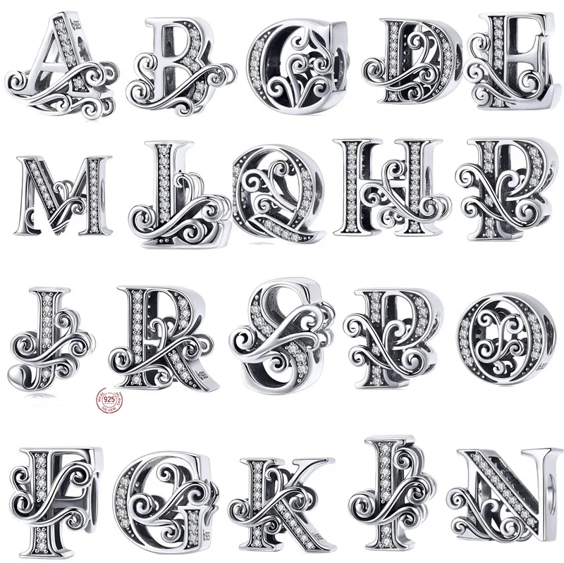 New s925 Sterling Silver Bead Charm English Alphabet Ladies Popular Bead Pendant Original Fit Pandora Bracelet DIY Women's Jewelry Gift