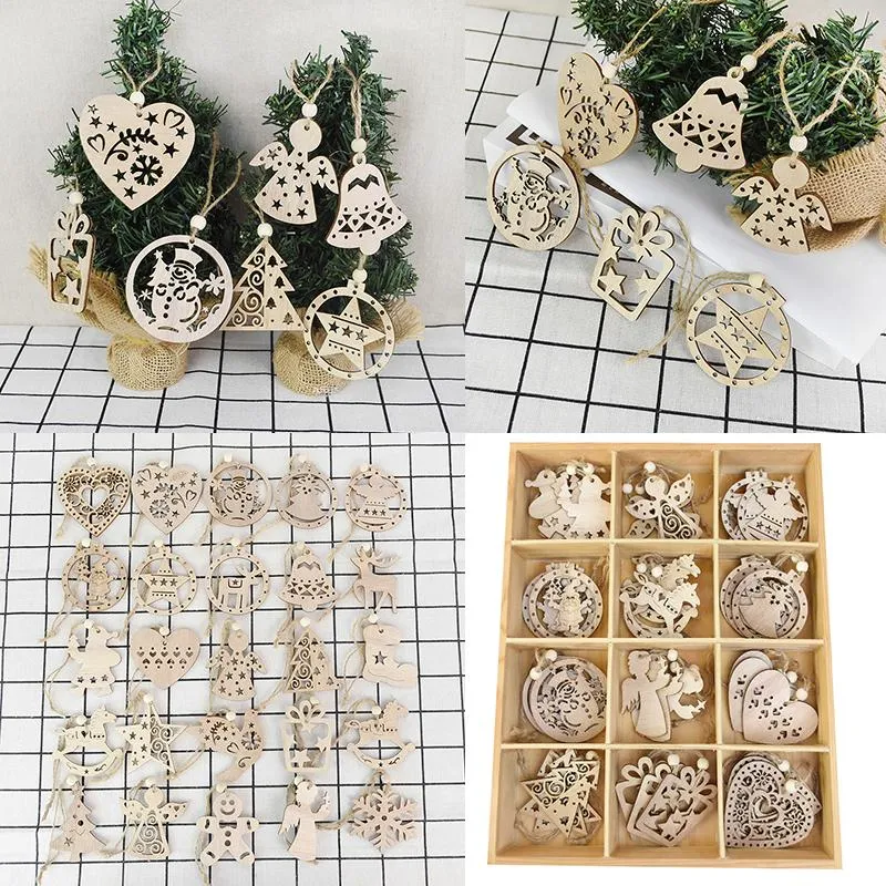 Juldekorationer 3st/Lot Natural Wood Chip Diy Snowflake Deer Shape Wood Craft Tree Hanging Ornament Pendant Year Giftchristmas