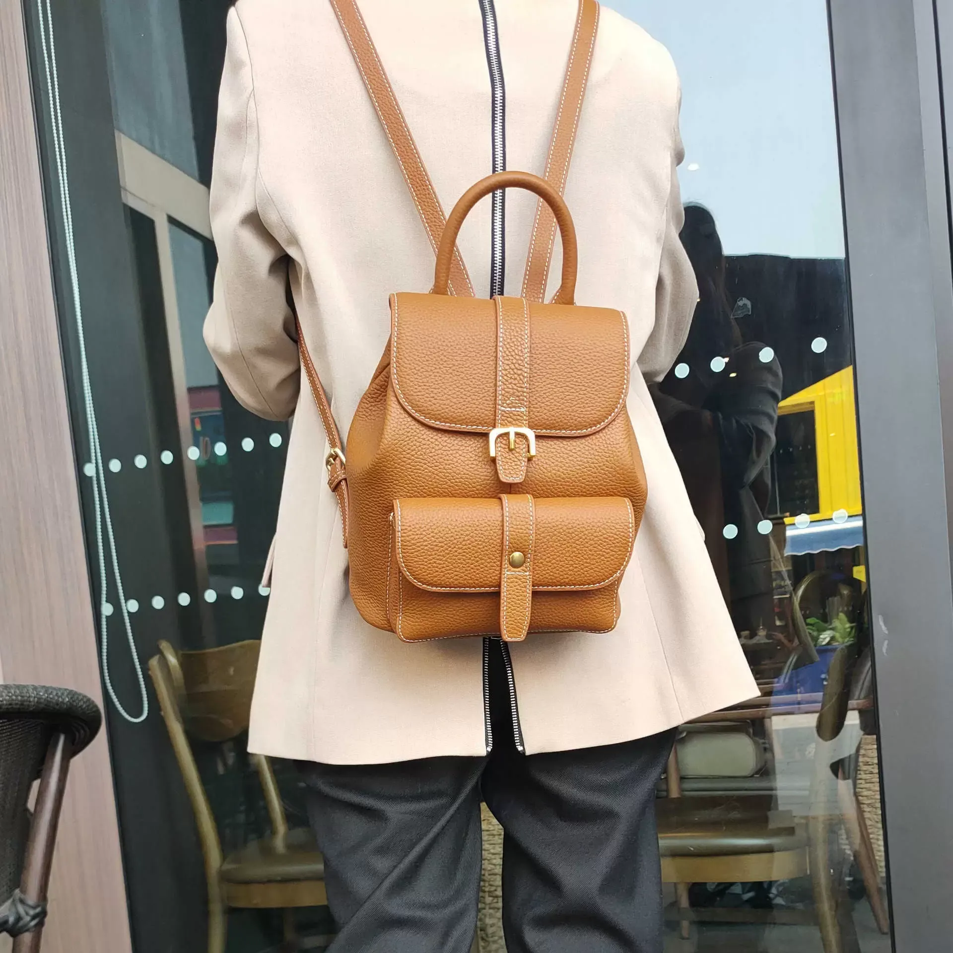 Double shoulder Leather Backpack Oil wax canvas messenger bag with diagonal span and double  main image 4