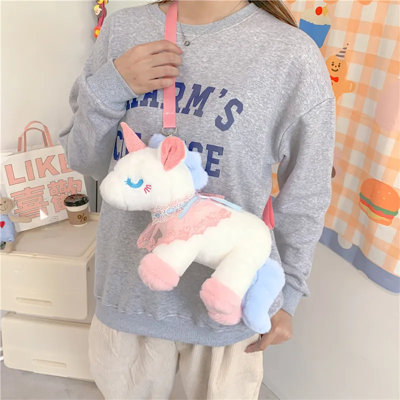 37CM Cute Fluffy Stuffed Animal Unicorn Plush Backpack Soft Shoulder Bag Toy For Girls Girlfriends