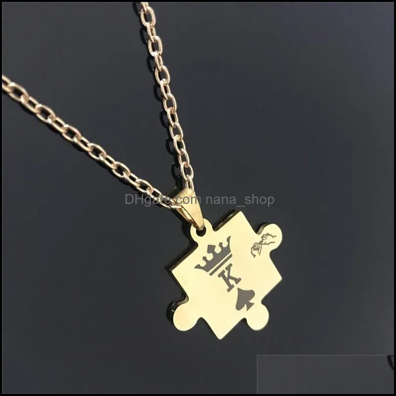 2Pcs Romantic K and Q Couple Necklaces High Quality Splice Stainless Steel Pendant Gold Silver Color Crown Jewelry